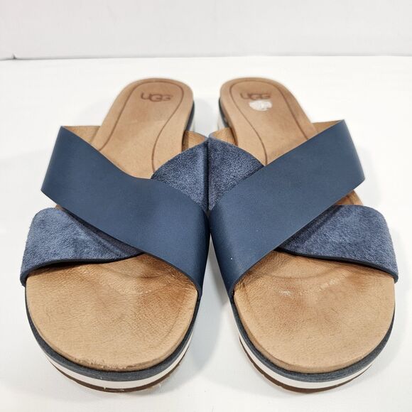 UGG Women's Kari Criss Cross Slide Sandals Blue Leather Suede Size 10 EU 41 - Picture 6 of 8